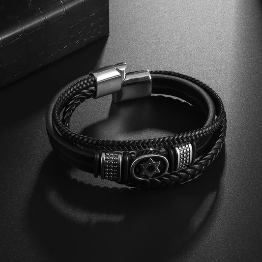 Men's Stainless Steel Star and Leather Braided Bracelet